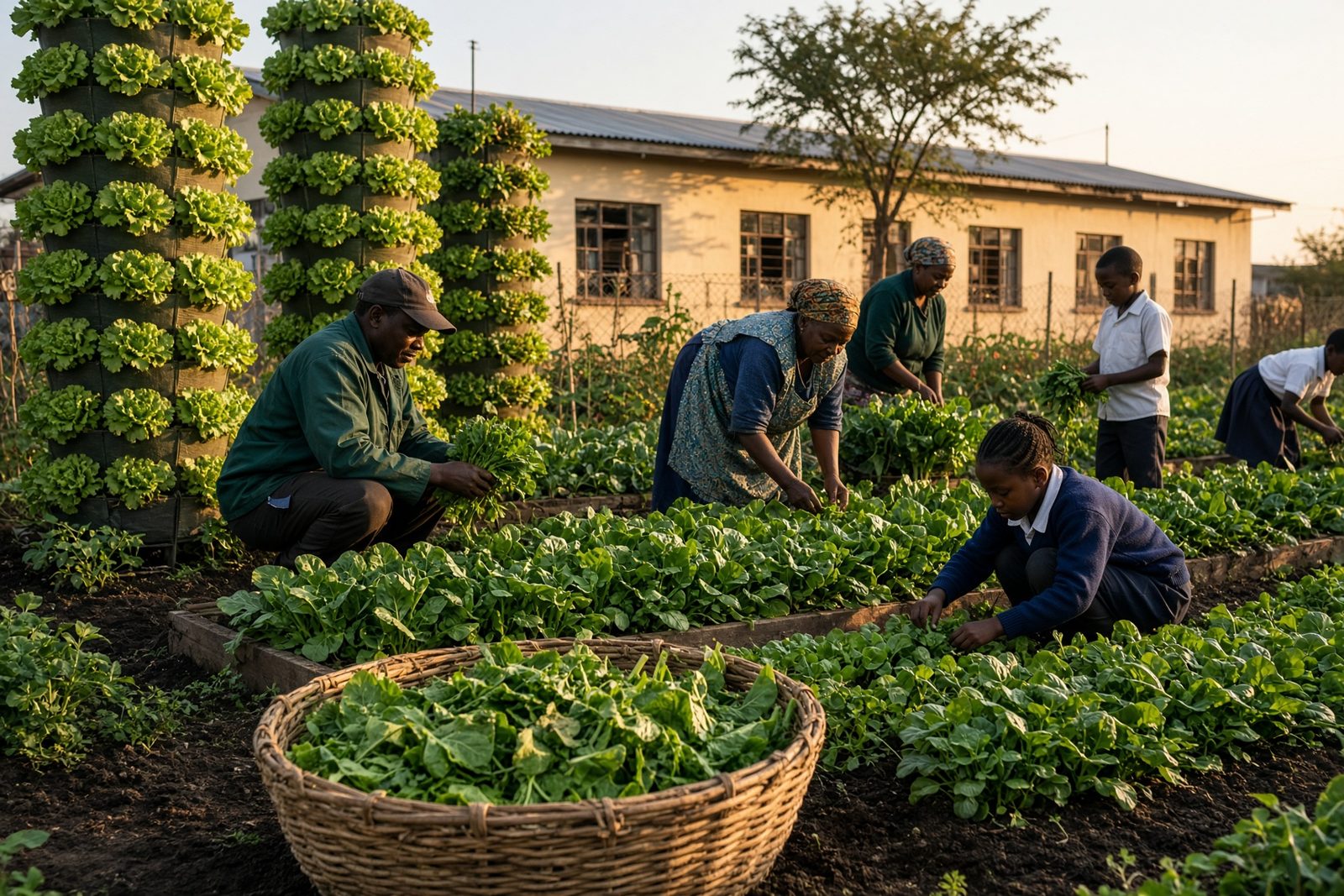 A community harvest beside tall vertical planters and raised beds of leafy greens