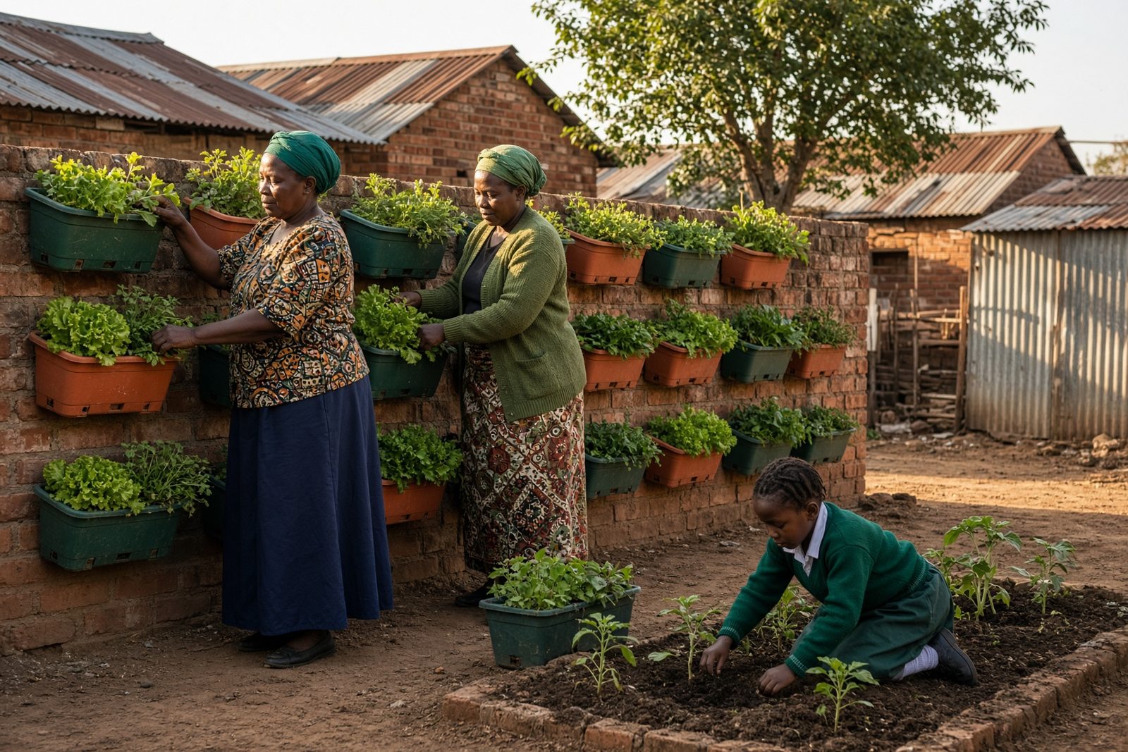 Women tending wall-mounted planters of herbs and greens in a South African courtyard, with a child gardening nearby