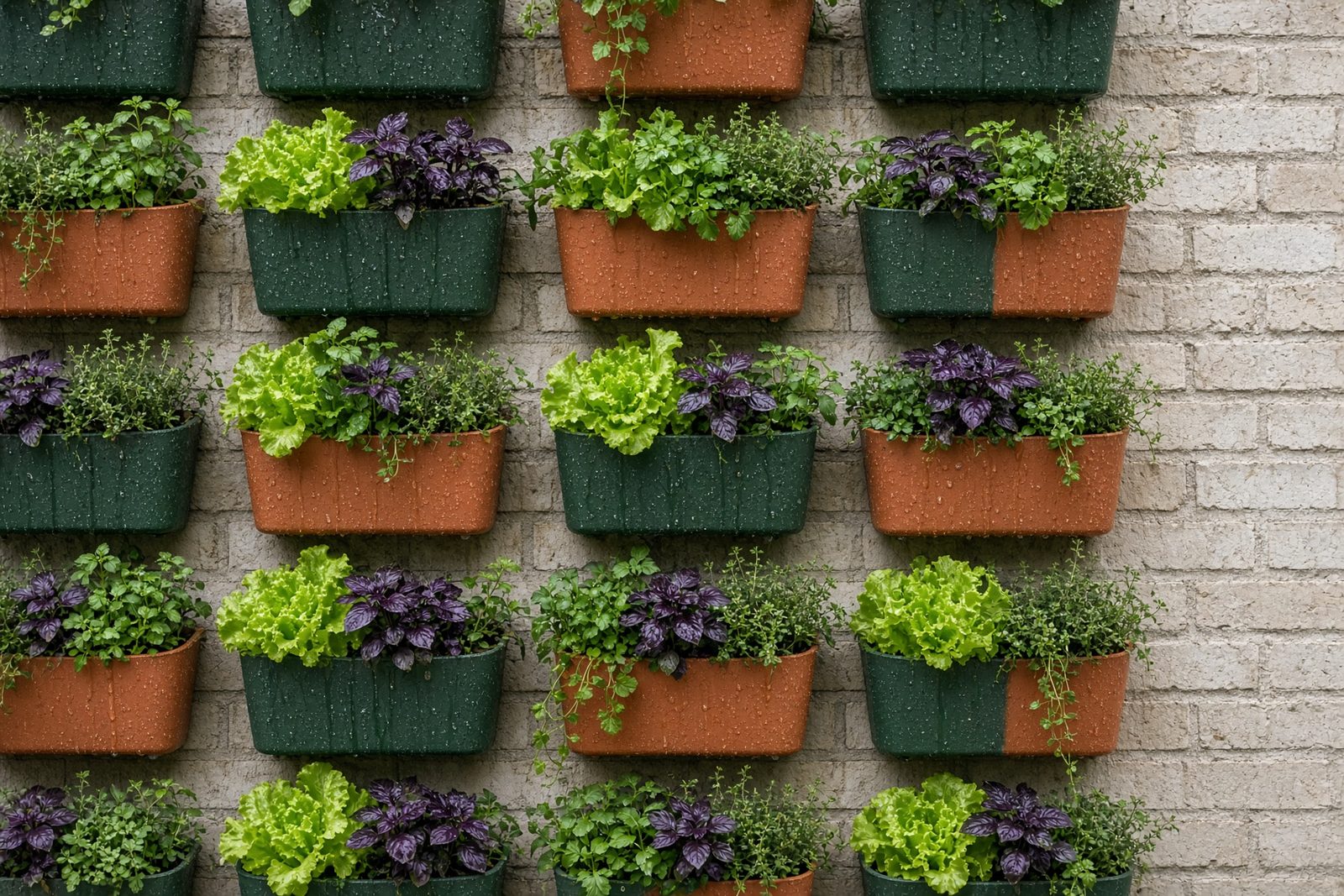 Close view of green and terracotta wall planters overflowing with lettuce and herbs