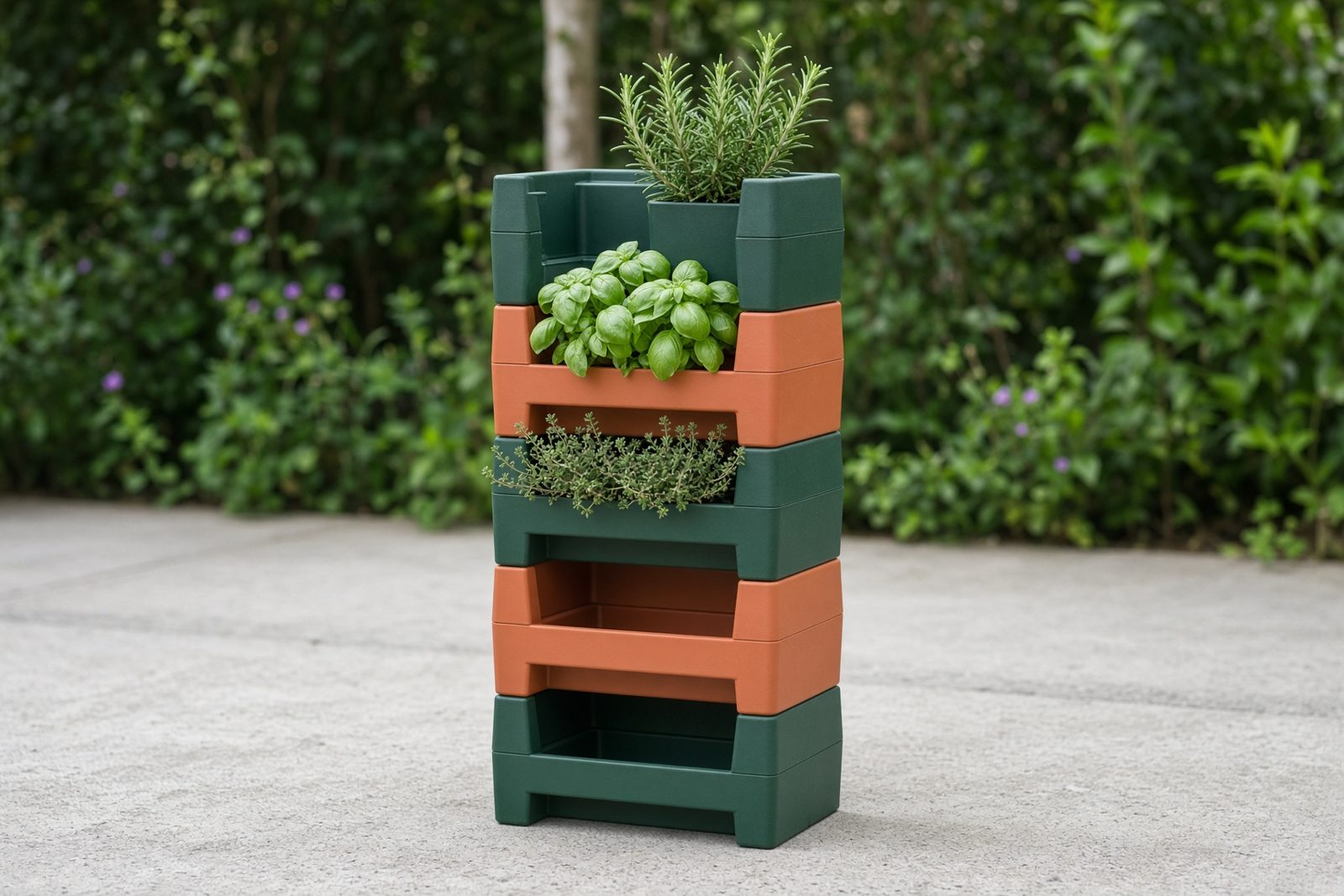 A freestanding tower of green and terracotta modular planters with herbs