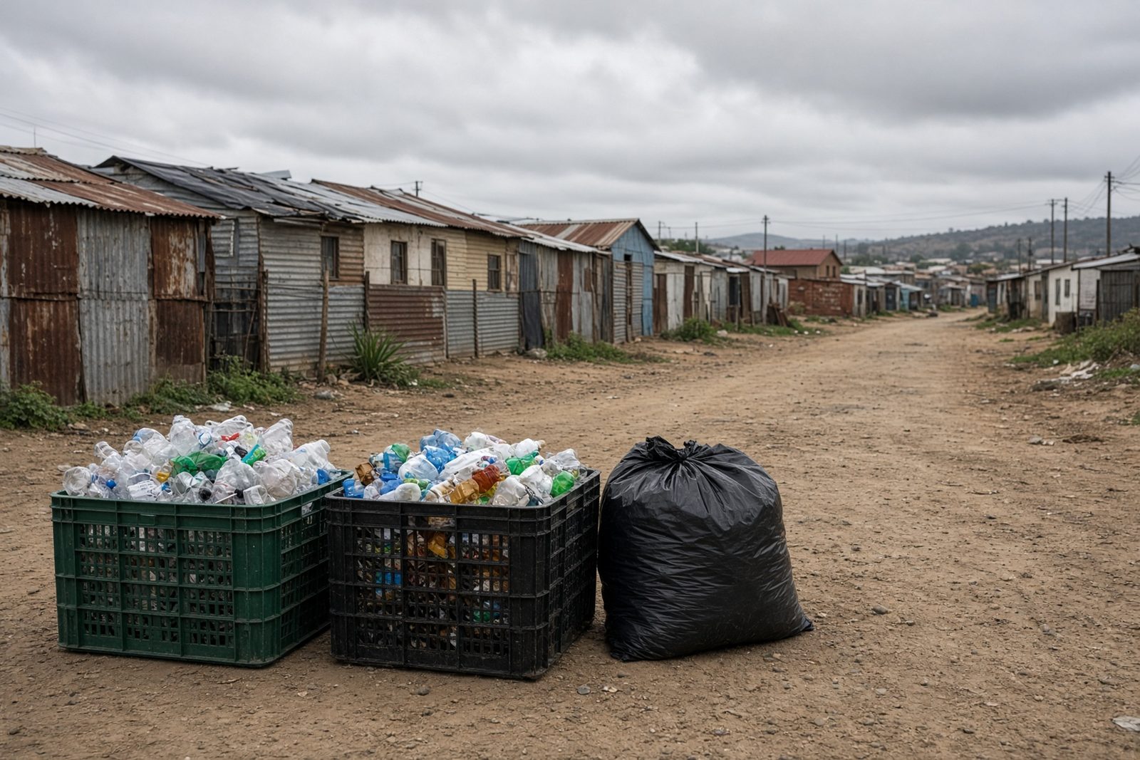 Crates and bags of mixed plastic waste on a township dirt road