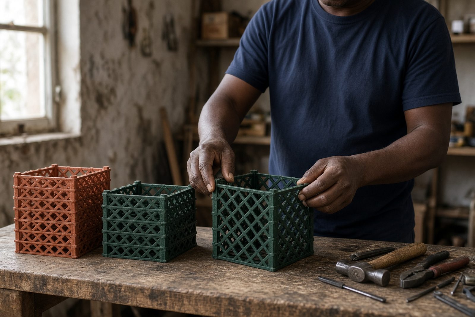 Hands assembling a dark green recycled-plastic planter module on a wooden workshop bench